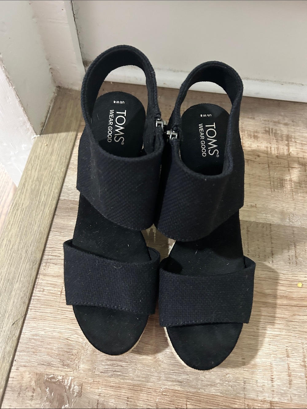TOMS Black Open-Toe Wedge Sandals with Ankle Strap only worn once